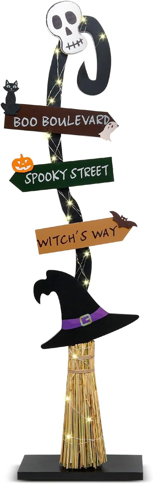 Halloween Decorations |Lighted Witch's Broom Halloween Wooden Porch Sign | Spooky Light Up Witch Decorations Sign for Indoor Outdoor Yard Decor
