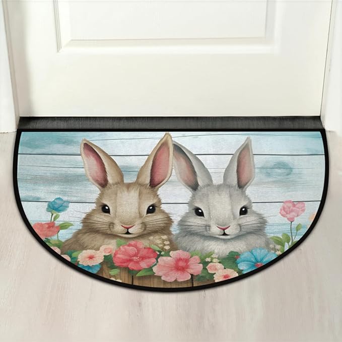Easter Half Round Door Mat - Rabbit Spring Flower Semicircle Doormat, Non Slip Area Rug, Soft for Front Door, Indoor Entrance, Wear Resistant Welcome Mat for Garage, Patio, Home Decor - 24 x 36 In