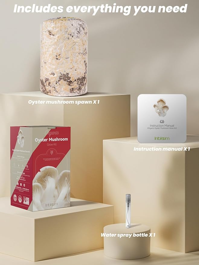 inbloom Organic Oyster Mushroom Growing Kit with Spray, Harvest Fresh Mushrooms at Home, Beginner Friendly & Easy to Use, Unique Gardening Gift for Holiday, Handmade in New Jersey, USA