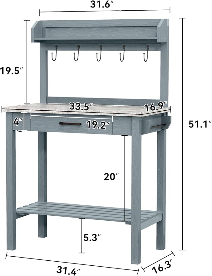 Outdoor Potting Bench Table with Metal Tabletop, Planting Table Potting Work Station with Storage Drawer and Removable Shelf Rack, Garden Potting Table for Outdoors