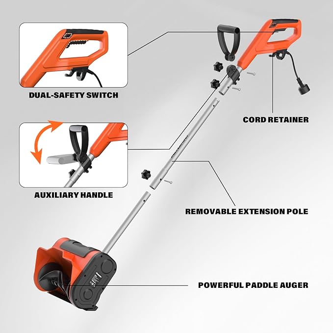 Maxlander Electric Snow Shovel, 11 inch 10Amp Corded Snow Shovel for Driveway, Electric Shovel for Snow Removal with Powerful Motor and Adjustable Handle, 300lbs/Min