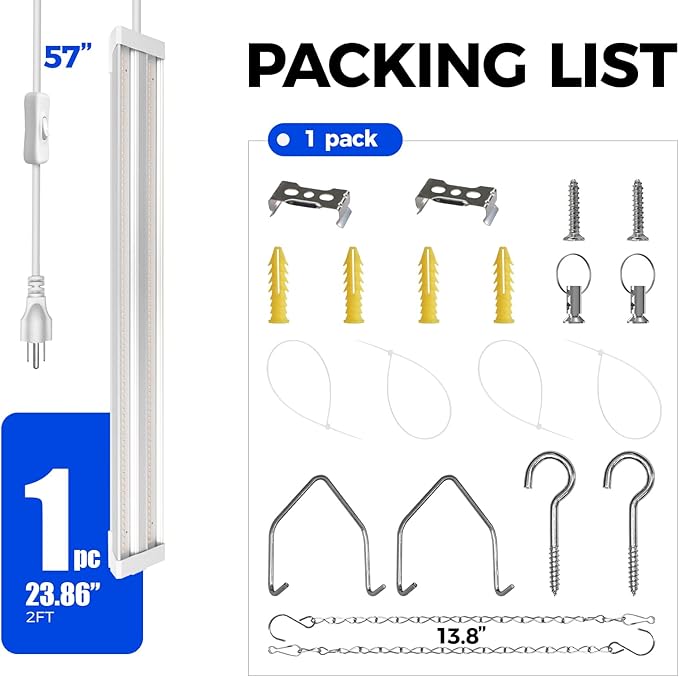 Barrina TX36 2FT LED Grow Light, 36W(200W Equivalent), High PPFD, Full Spectrum, Hanging Plant Lights for Indoor Growing, Grow Lights for Seed Starting, Vegetables with On/Off Switch, Linkable, 1 Pack