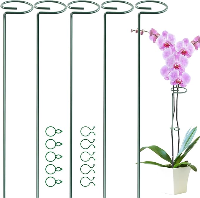 HiGift 5 Pack Plant Support Stakes, Garden Single Stem Flower Support Stick Metal Amaryllis Plant Cage Support Rings with 10pcs Plant Clips for Orchid Lily Peony Rose Stem (40 cm/16 inch Long)