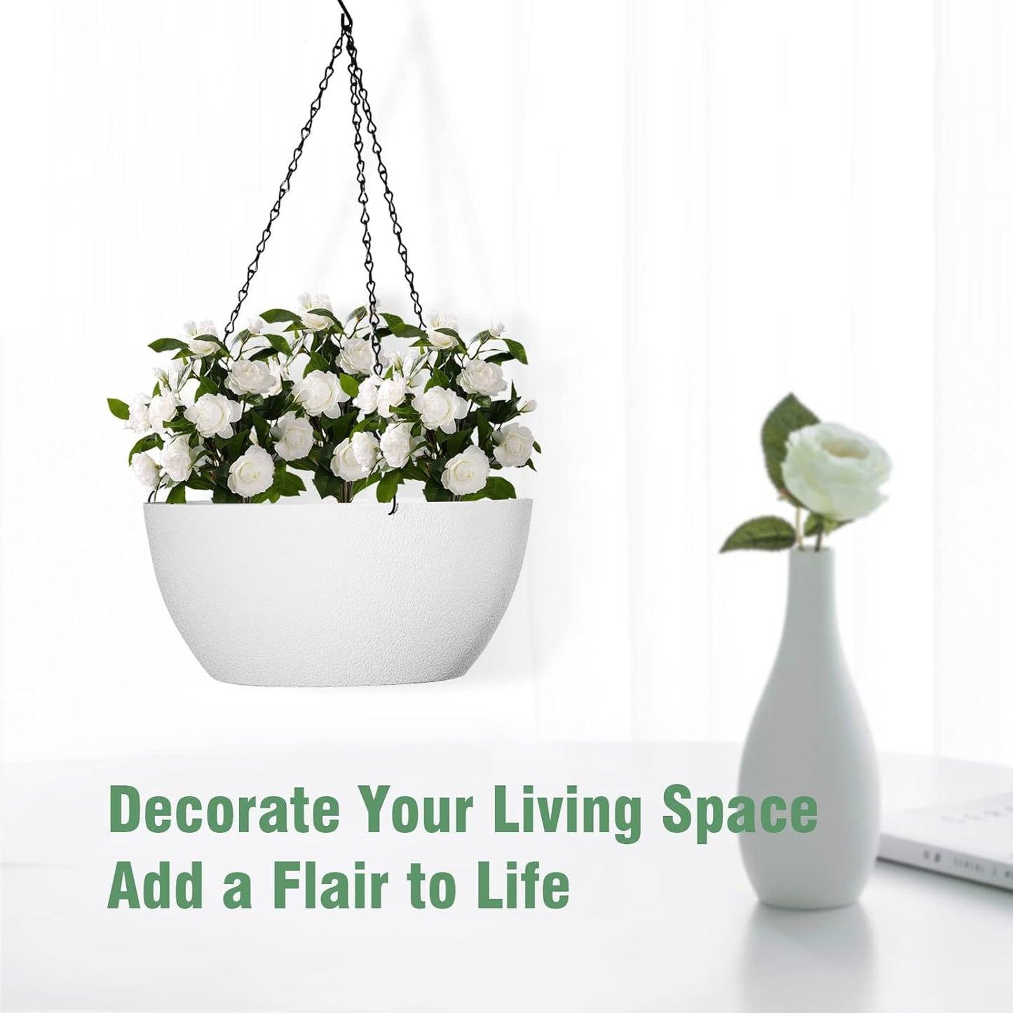 10 inch Hanging Planters for Outdoor Indoor Plants with Drainage Holes and Chain, 2 Pack Round Hanging Flower Plant Pots for Garden Home Porch Decor, White