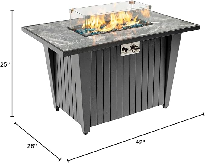 42'' Propane Fire Pit Table, Marble Tile Ceramic Tabletop with Glass Wind Guard, 50,000 BTU Fire Table, Inclined Leg and Art Powder Design, Blue Glass Rocks, Including Lid&Cover