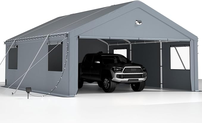 2 Car Carports 20X20 Heavy Duty,Car Port with 180G Removable Side Walls, Carport Canopy, Portable Car Port Garage, Car Shelter All Weather,Gray