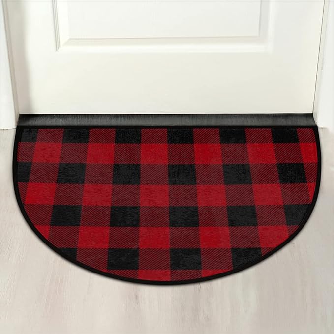cfpolar Christmas Half Round Door Mat Buffalo Plaid Check Pattern Half Circle Mat Fireplace Rug Non-Slip Area Rug Low Profile Semicircle Doormats for Hearth Entry Garage Patio High Traffic Areas