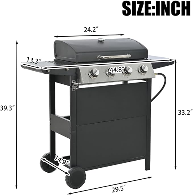 BBQ Grill, 4-Burner Stainless Steel BBQ Grill, 34,000 BTU with Shelves, Lid, Wheels, & Bottle Opener β Portable Outdoor Patio Grill for Backyard & Garden