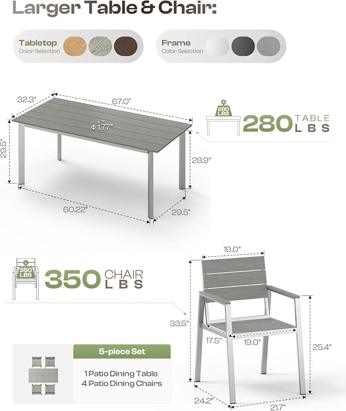 67" Rectangle HDPS Patio Dining Table, Aluminum Outdoor Patio Dining Table with Umbrella Hole, Weather-Resistant for Lawn, Garden, Yard, Poolside and Indoor Use, Silver & Gray