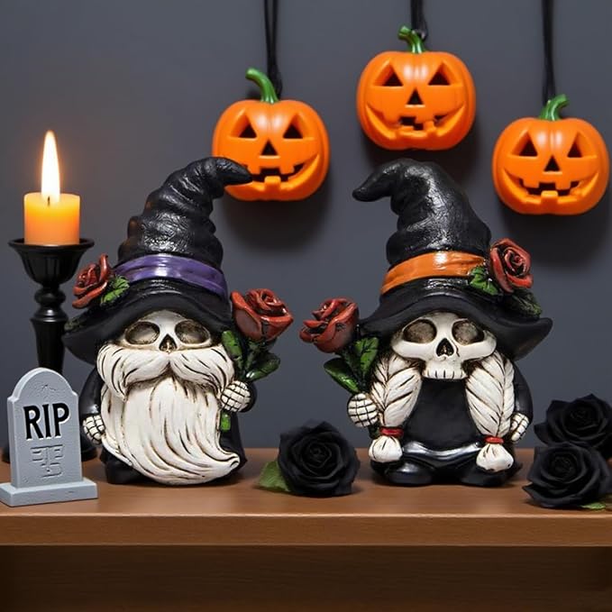 Hodao Halloween Gnomes Decorations Indoor, Resin Halloween Skull Head Handmade Figurines with Witch Hat & Rose Decor for Gift Home Bedroom Party Office Table - 2 Pcs, Black Hats