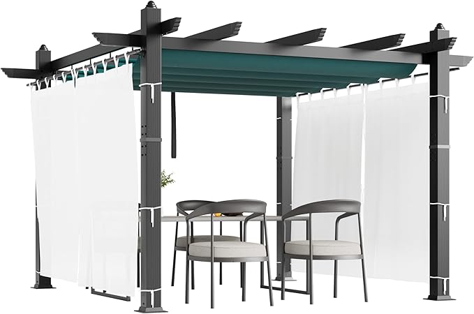 10x10 Ft Outdoor Aluminum Pergola, Upgraded Grey Retractable Pergola with Adjustable Roof & Side Mesh Screen, Modern Metal Patio Gazebo for Deck, Backyard, Porch, Vineyards, Blue + White
