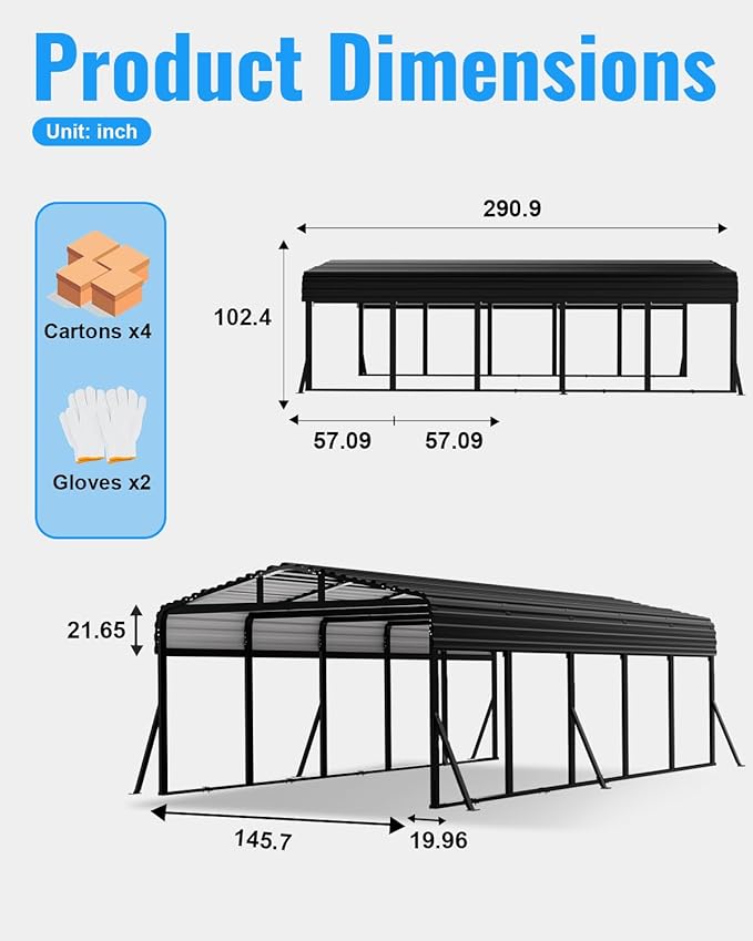 12x25FT Metal Carport, Extended Heavy Duty Carport with Reinforced Frame & Side Support Poles for All-Weather, Large Outdoor Car Port for Pickup Trucks, Boats, Cars & Tractors
