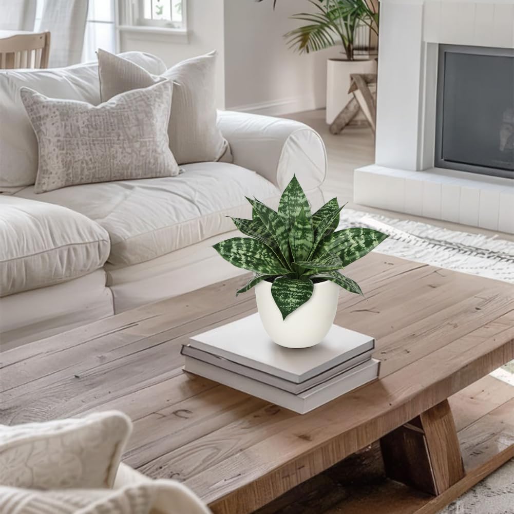 Hollyone Artificial Snake Plants 9" Faux Agave Succulent Plant Potted in White Pot Fake Sansevieria Aloe Tropical Plant for Desk Modern Office Home Bathroom Indoor Outdoor Decor