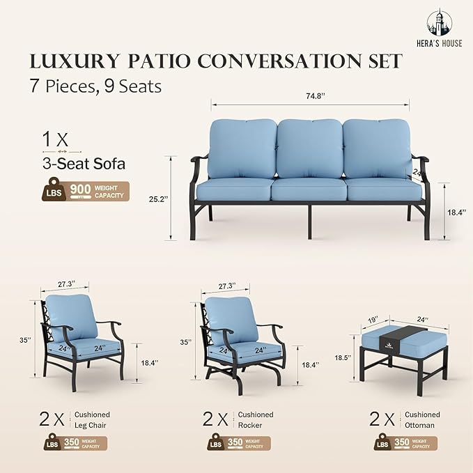 HERA'S HOUSE 7 Piece Outdoor Furniture Set, 2 x Rocking Chair, 2 x Fixed Chair, 2 x Ottoman, 1 x 3-Seat Sofa, All Weather 9 Seats Outdoor Conversation Set for Lawn Garden Backyard, Blue
