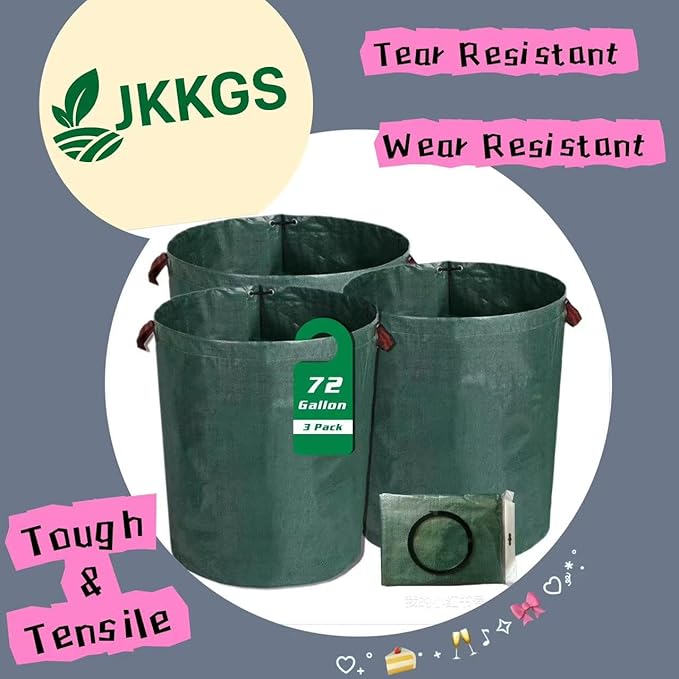 JKKGS Yard Waste Bags (3-Pack, 72 Gallons, H30 x D26 inches), Reusable, Heavy Duty Collapsible Standable Garden Lawn Leaf Bags and Trash Bags for Debris, Grass, Recycling, Camping, Parties, Laundry