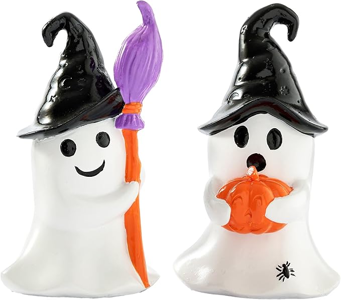 WDS WONDROUS Halloween Decor Ghost Figurines Set of 2 – White Ghosts Decor with Black Witch Hats and Broom&Pumpkin – Resin Cute Ghost Decoration Indoor Table Decor for Shelf Tiered Tray Home