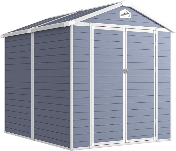 Aoxun 8 x 6 FT Outdoor Storage Shed with Window, Resin Shed with Floor & Lockable Doors, Garden Shed Waterproof Plastic Tool Shed with Sloped Roof for Backyard, Garden, Patio, Lawn, Grey