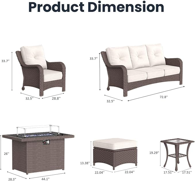 7 Pieces Outdoor Patio Furniture Sets with Single Chairs with 6-inch Thick Cushion and Fire Pit Table for Deck Lawn