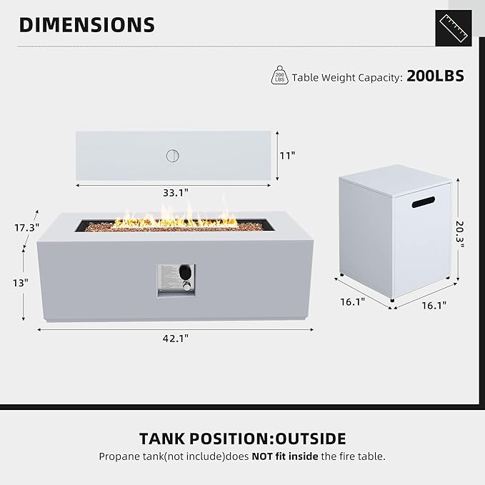 UPHA 42-inch Outdoor Propane Gas Fire Pit Table 50000 BTU Iron Rectangle Firepit for Outside Patio with Tank Hidden Table, Removable Lid, Gold Glass Rocks, Rain Cover,White