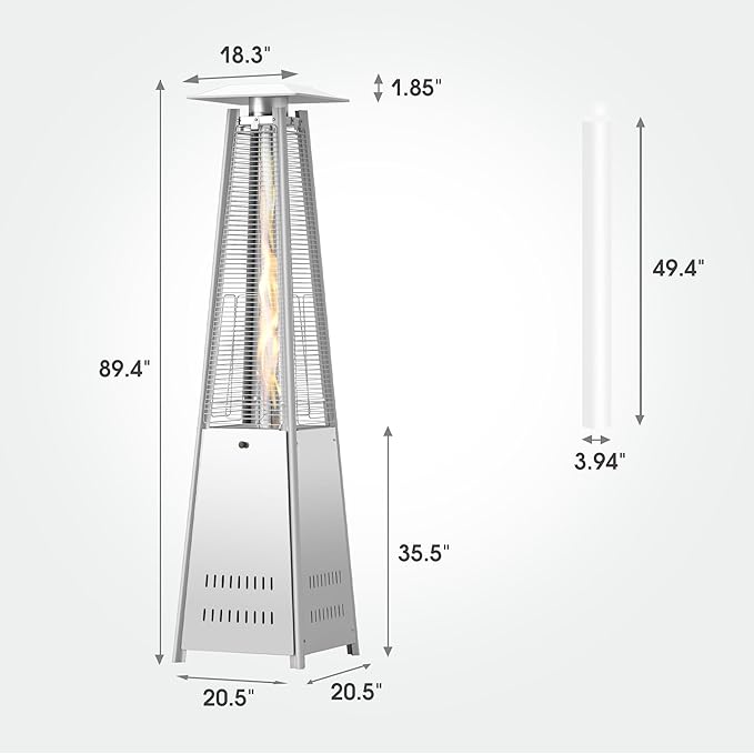 Pyramid Patio Heater 42,000 BTU, Propane Outdoor Heater with Glass Tube and Wheels, Patio Heater with Protection System, Stainless Steel, Suitable for Outdoor Commercial & Residential Use, Silver