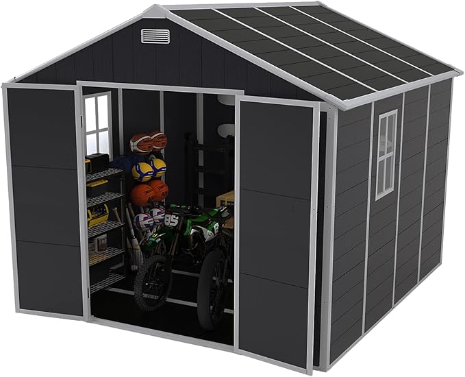 Outdoor Storage Shed 8x8 FT, Resin Shed with Floor & Window, Lockable Door, Vents, Outside Sheds & Garden Shed for Patio Furniture, Gardening Tools, Pool Equipment (Dark Gray, 8 * 8ft)