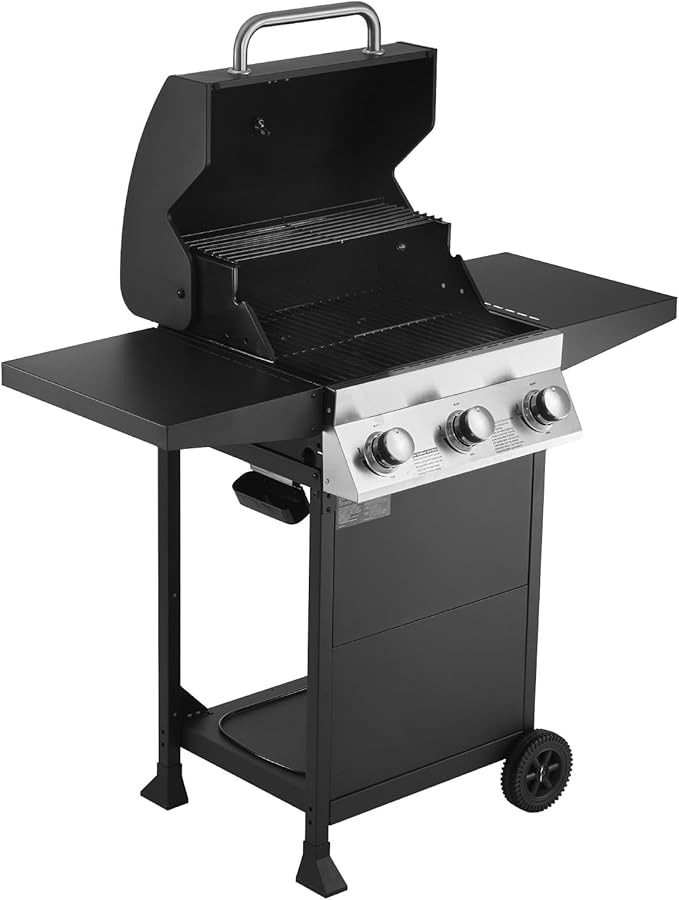 VEVOR Gas Grill, 3 Burner Propane Gas Grill with Spacious 338 SQ.In Grilling Area, Carbon Steel Enamel Grates, Outdoor 36,000 BTU Patio Garden BBQ Grills with Foldable Side Shelves, Carbon Steel