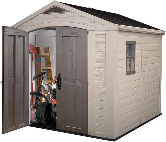 Keter Factor 8x8 Foot Large Resin Outdoor Shed with Floor for Patio Furniture, Lawn Mower, and Bike Storage, Taupe & Brown