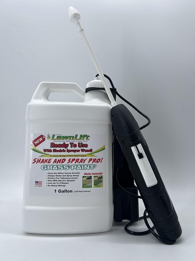 LawnLift 1-gallon ready to use grass paint, shake and spray pro with electric sprayer wand. No more messy mixing. Instantly transform your lawn.