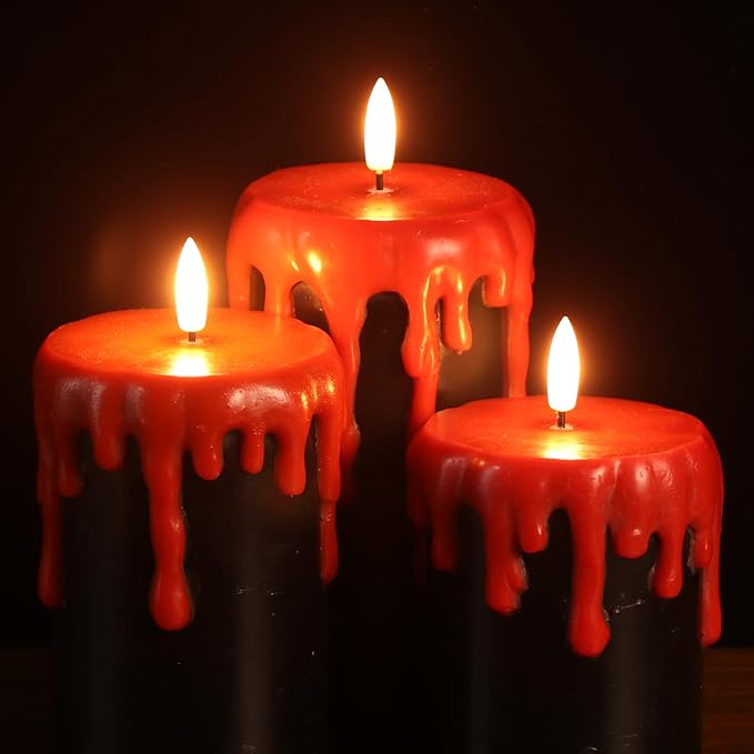 Eldnacele Black Flameless Pillar Candles Battery Operated with 6H Timer, Red Real Wax Dripping Effect 3D Wick Flickering LED Candle Lights Dinner Halloween Decoration(3 Pack, 3 x 4,5,6 Inches)