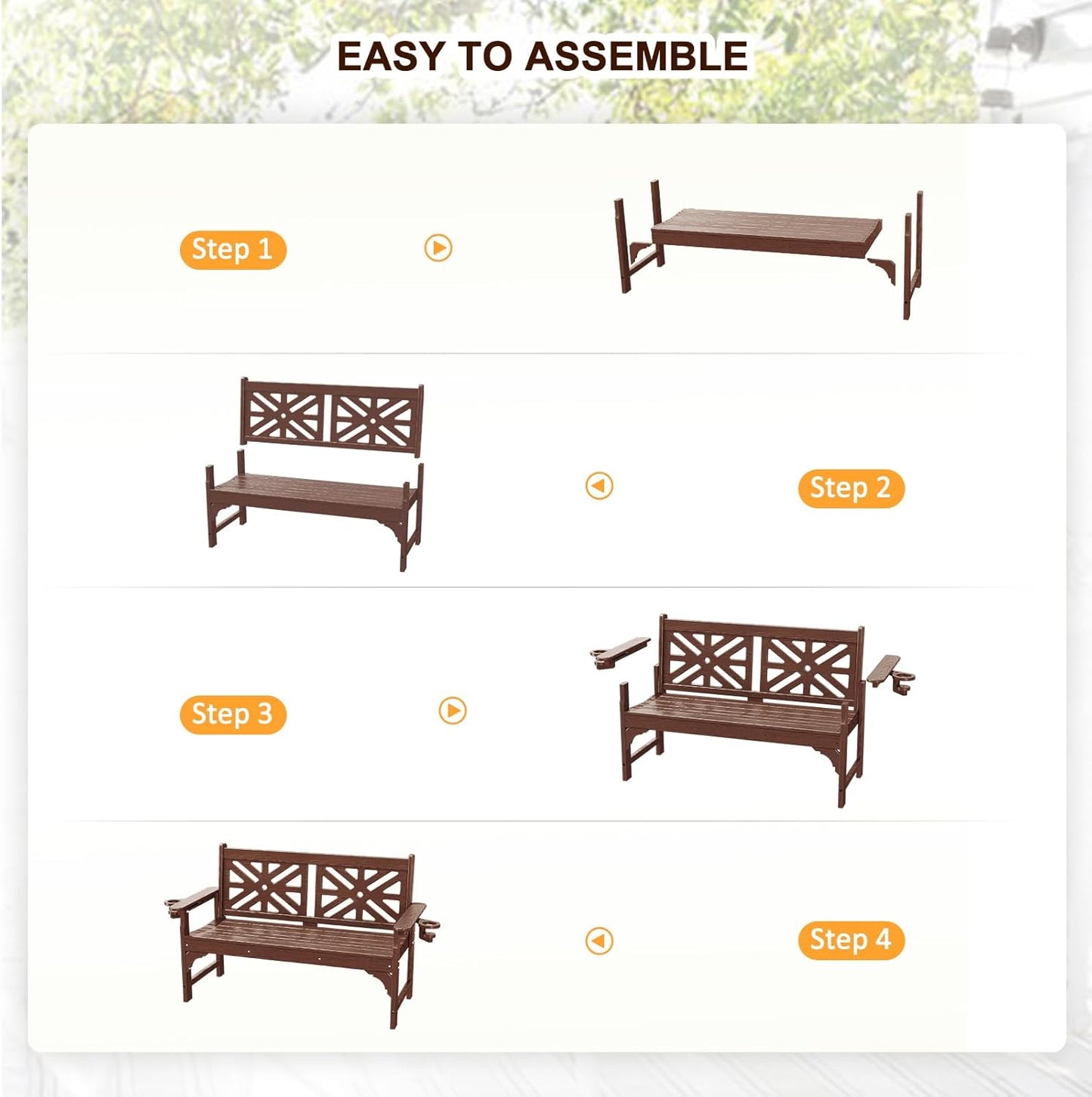 nalone Outdoor Bench with Cup Holders, HDPE All Weather Porch Bench Load up to 800 Lbs, 2-Person Garden Benches Rot-Proof Fade Proof for Patio, Porch, and Park (Brown)