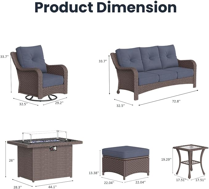 8 Pieces Outdoor Patio Furniture Sets with Rocking Swivel Chairs with 6-inch Thick Cushion and Fire Pit Table for Deck Lawn
