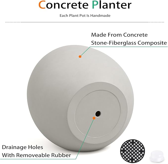 Ball Concrete Planter Outdoor Indoor, Large Tall Cement Plant Pots for Trees Flowers (Gray, 20 inch)
