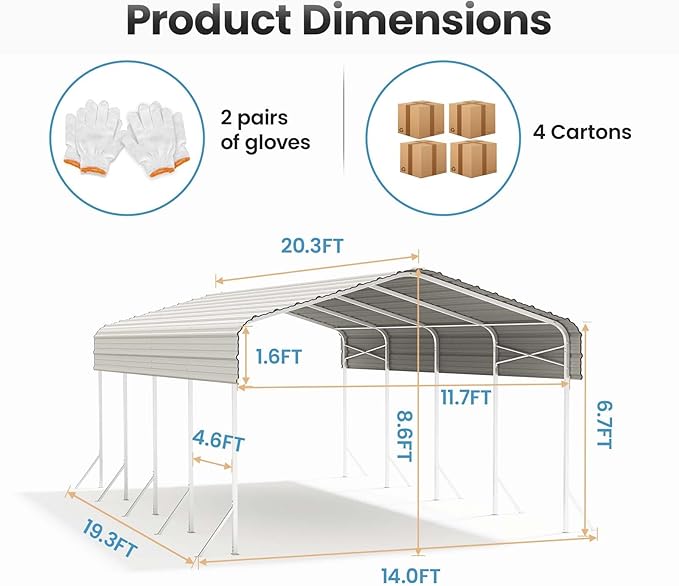 Heavy Duty Metal Carport – Sturdy Structure, All-Weather Protection, Easy Assembly for Cars, Trucks, Boats, Tractors, and Outdoor Storage (White, 12X20 FT)