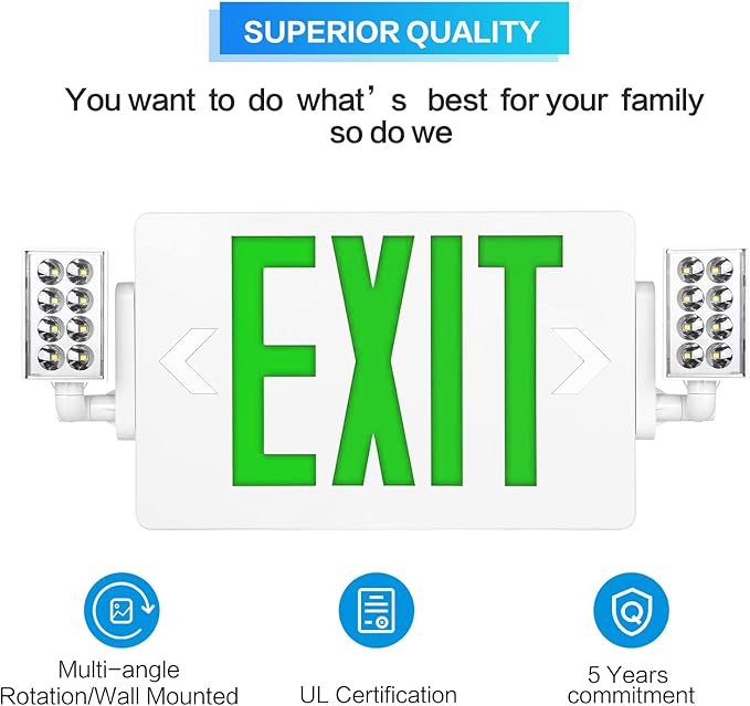 Spectsun 6 Packs Exit Signs with Emergency Lights,120-277VAC -LED Combo Emergency Light with Backup Battery-Double Face UL Listed Green Letter Exit Sign Lighting-Hard Wired-Fire Resistant