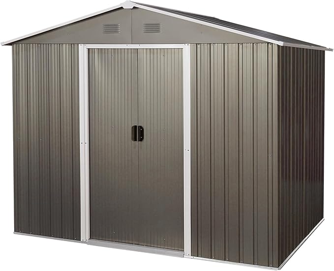 6x8 FT Outdoor Storage Shed, Metal Garden Shed with Frame Floor, Outside Tool Shed with Lockable Sliding Doors, Waterproof Storage Building with Sloped Roof for Backyard, Patio, Lawn, Gray