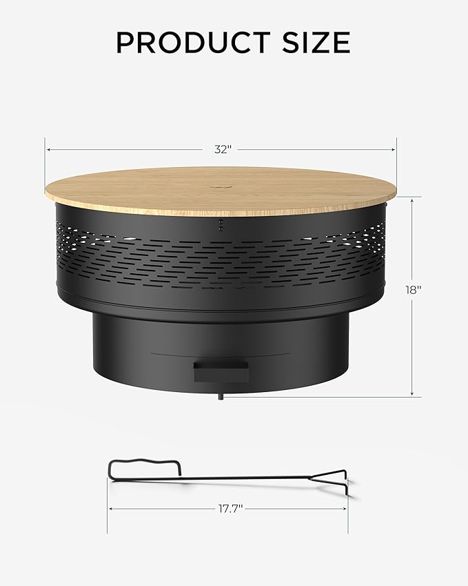 32" Fire Pits with Cooking Grill, Fire Pit Table with Lid & Fire Poker, Round Wood Burning Firepit for Outside, Multifunctional Outdoor Fire pits for BBQ, Table, Picnic, Camping, Bonfire Party