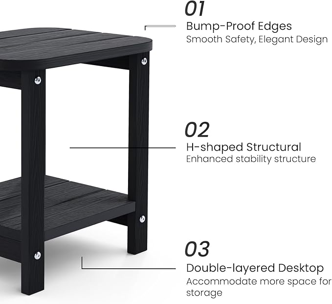 2-Tier Outdoor Side Table, 16" Adirondack Small Side Table All Weather Resistant, Patio End for Outside or Indoor, Patio, Yard, Pool, Porch, Garden, Black