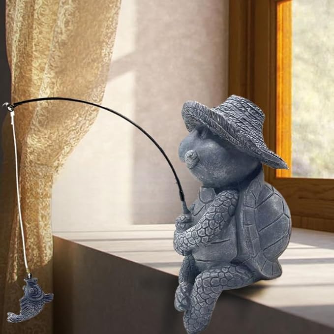 Tortoise Fishing Statue Garden Decor,9.8" Weatherproof Resin Tortoise Fishing Sculpture Decor for Fish Ponds, Koi Ponds, Waterfalls, Poolside Outdoor Gardens Resin Figurine for Indoor Outdoor Décor