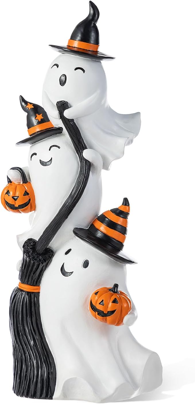 Glitzhome Halloween Front Porch Decor, 21.75" H Resin Stacked Ghost Standing Sign for Indoor Patio Party Decorations