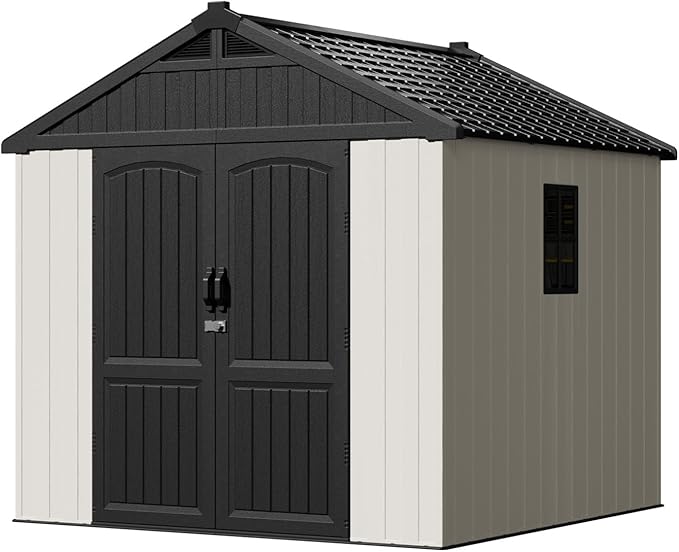 Patiowell 8 x 8 FT Plastic Outdoor Storage Shed with Floor, Resin Shed with Window and Lockable Door for Garden, Backyard, Tool Storage Use, Easy to Install in Beige (Kick-it Shed)