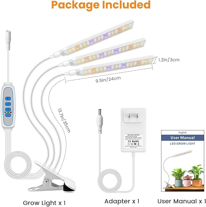 Kullinss White Grow Light, Clip On Plant Lights for Indoor Growing with 6/12/16H Timer, 3 Color Modes, DC Plug, 30W 171 LEDs Full Spectrum Plant Lamp, Grow Lights for Indoor Plants, Herbs, Seedlings