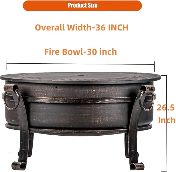 36 Inch Fire Pit with Grill & Lid, Fireplace & Round Table & BBQ 3 in 1 Fire Pit,Heavy Duty Wood Burning Fire Pits for Outside with Fire Poker, Waterproof Cover & Log Grate