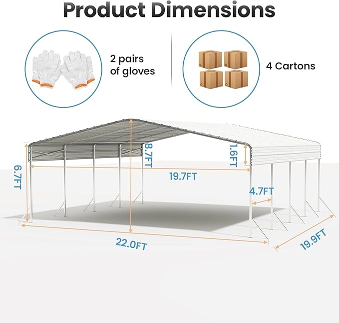 20x20 Carport, Heavy Duty Metal Car Port, All-Weather Protection, Easy Assembly for Cars, Trucks, Boats, Tractors, and Outdoor Storage, White
