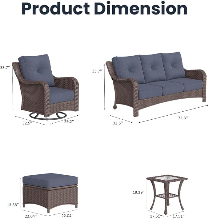 6 Pieces Outdoor Patio Furniture Sets with Rocking Swivel Chairs with 6-inch Thick Cushion and Side Table for Deck Lawn