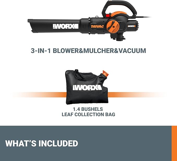 WORX WG512 12 Amp Trivac, 3 in 1 Electric Leaf Blower, Leaf Vacuum & Leaf Mulcher for Lawn Care