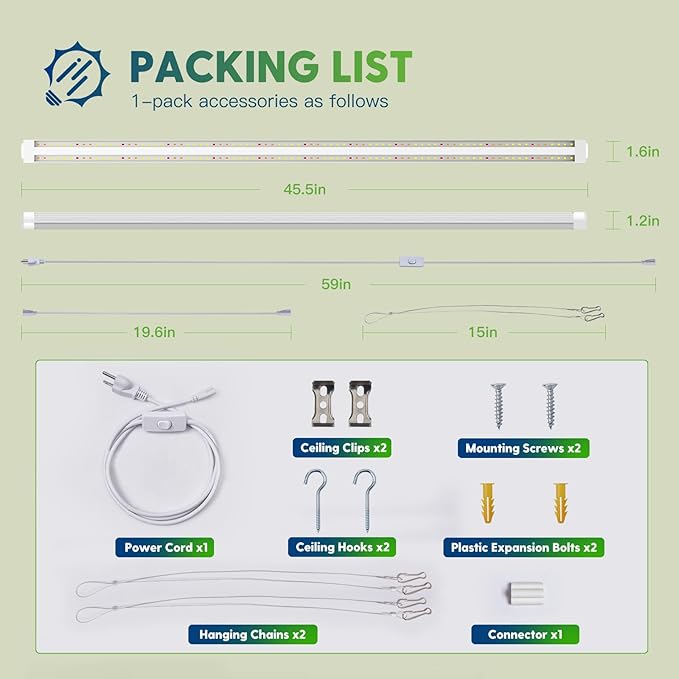 FREELICHT 1 Pack 4FT LED Grow Light, 40W (250W Equivalent), Full Spectrum Sunlight Growing Lamp Fixture, Linkable Hanging Plant Light for Hydroponic Indoor Plants Seeding, Plug-in with On/Off Switch