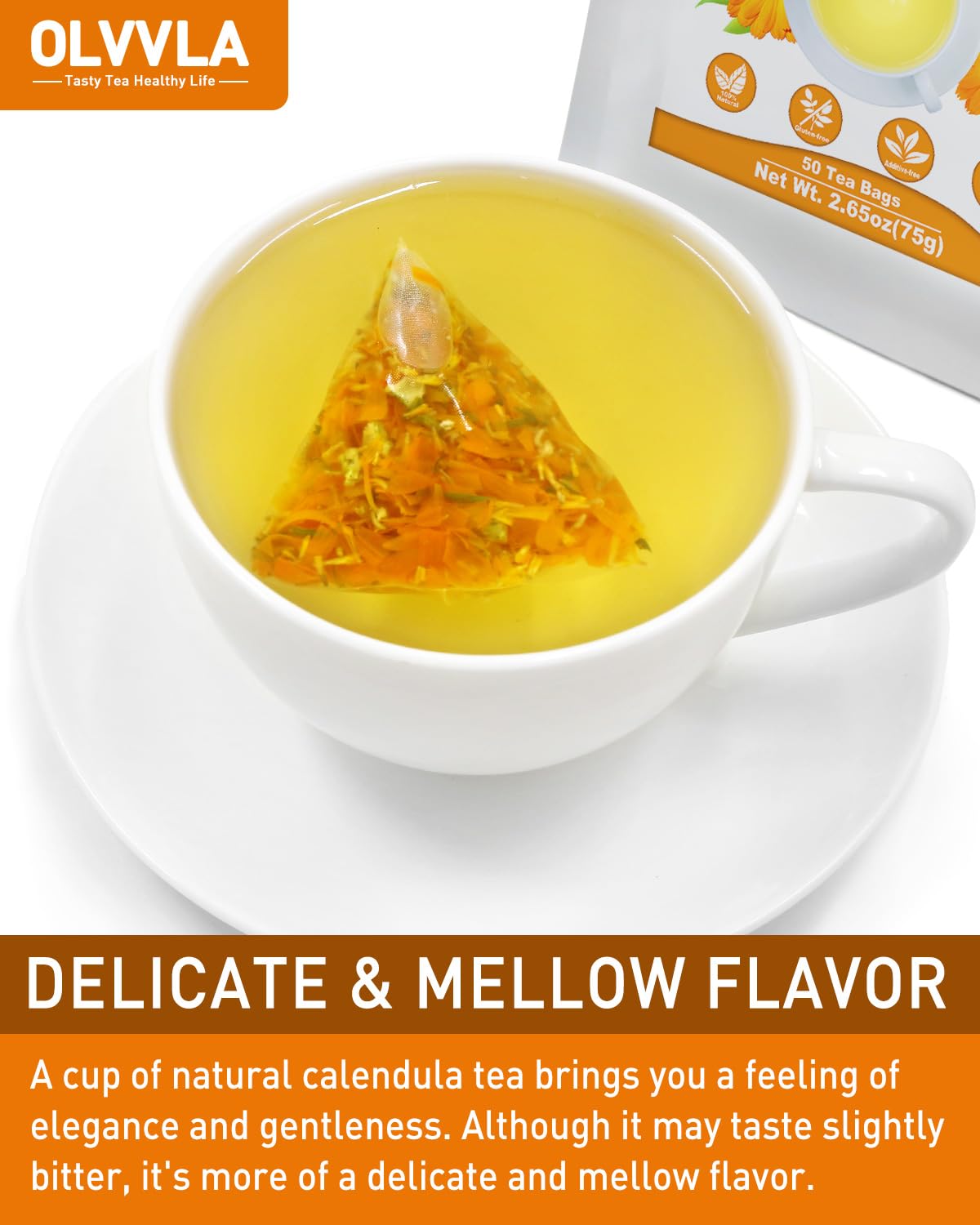 Olvvla - Natural Calendula Flowers Tea Bags - 1.5g X 50 Count - Premium Calendula Tea - Non-GMO - Caffeine-free - Dried Calendula Herbal Tea - Rich in Antioxidants & Promote Relaxation
