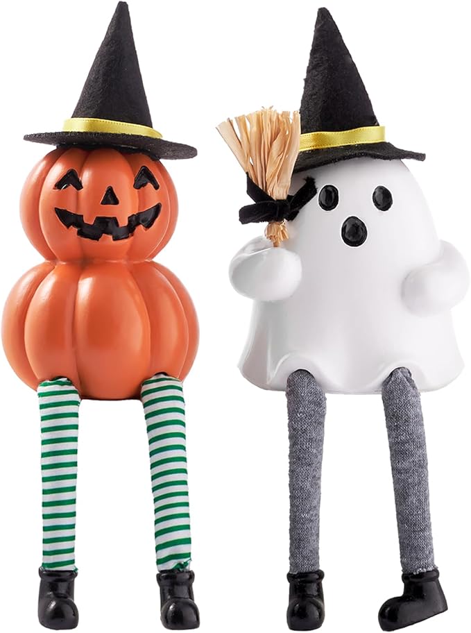 WDS WONDROUS Halloween Decoration-2 Pack Ghost Figurine & Pumpkin Statues for Indoor Mantle Shelf Sitters Table Decor, Cute Resin Pumpkin Ghost Sculpture with Hats, Legs and Broom, Spooky Gift