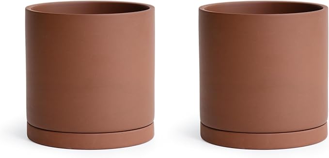 D'vine Dev 5 Inch Rust Terracotta Plant Pot with Drainage Hole and Saucer, Round Cylinder Planter Pot for Indoor Plants, Set of 2, 40-V-B-2