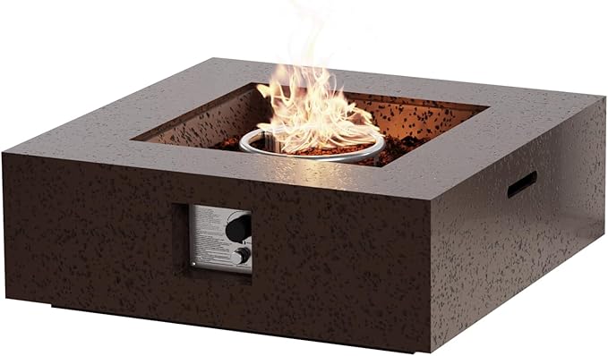 SUNBURY Outdoor Fire Pit, 35" Square Propane Gas Patio Fire Table 50,000 BTU Concrete Travertine Design, CSA Certified, Low Firepit Table with Lava Rocks, Waterproof Cover (Dark Brown)